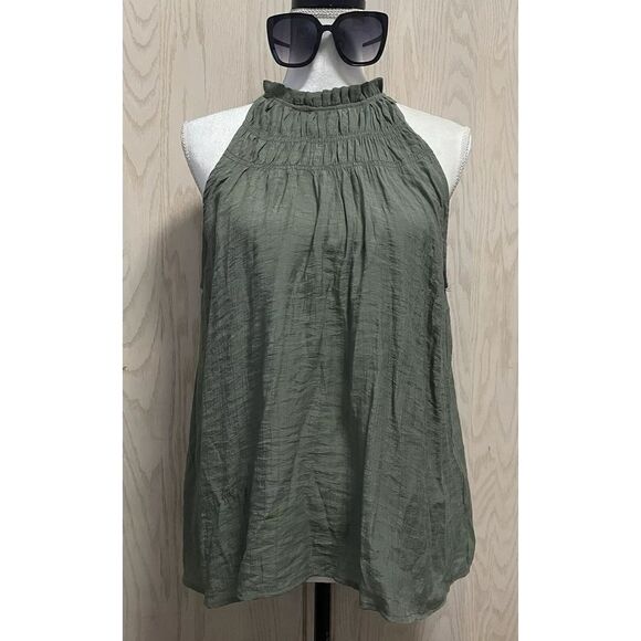NANETTE LEPORE Blouse Size S Smocked Halter High Neck Top Sleeveless Green - Picture 1 of 10